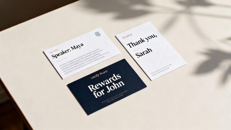 Three minimalist cards on a light surface, featuring 'Speaker: Maya', 'Thank you, Sarah', and 'Rewards for John'.