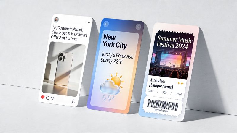 Three mobile app interface design templates displayed as 3D mockups against a plain white wall background.