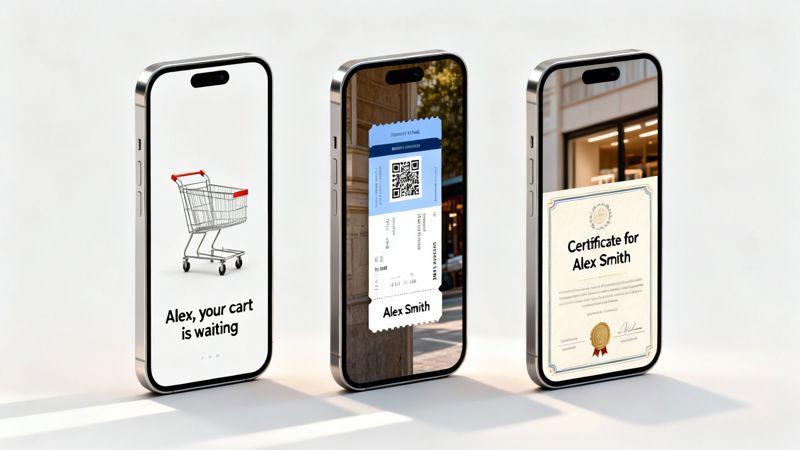 Three modern smartphones displaying digital content: a shopping cart, a boarding pass, and a certificate for Alex Smith.