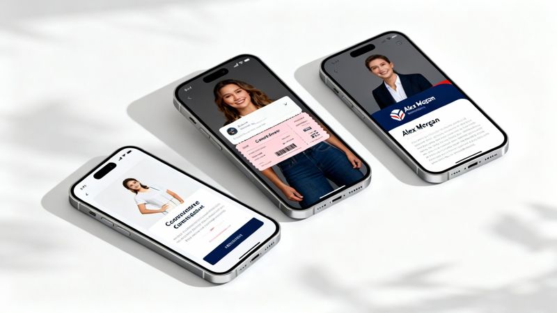 Three modern smartphones displaying various mobile application screens with user profiles and a ticket.