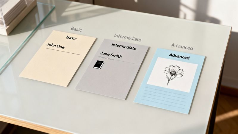 Three personalized cards on a table, categorized by Basic, Intermediate, and Advanced levels.