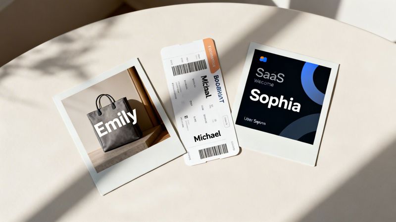 Three personalized items: a polaroid with Emily's handbag, Michael's flight ticket, and a digital welcome screen for Sophia.