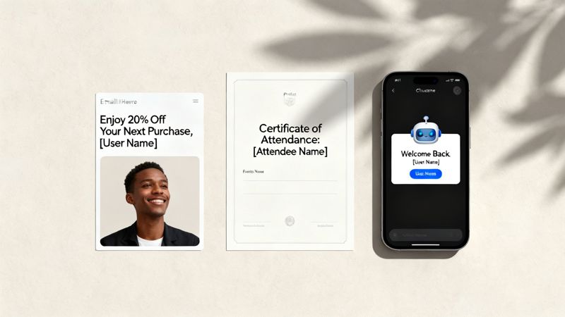 Three screens displaying automated marketing and personalized documents, including an email, a certificate, and a chatbot.