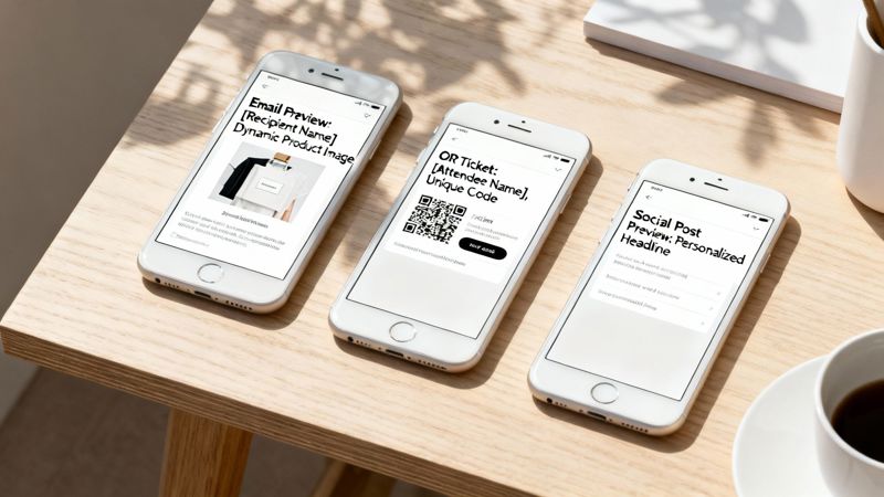 Three smartphones displaying personalized digital marketing content previews: email, QR ticket, and social post.
