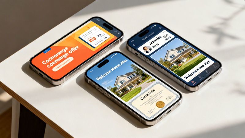 Three smartphones displaying various app screens, including an offer, a welcome home message, and an attendee list.