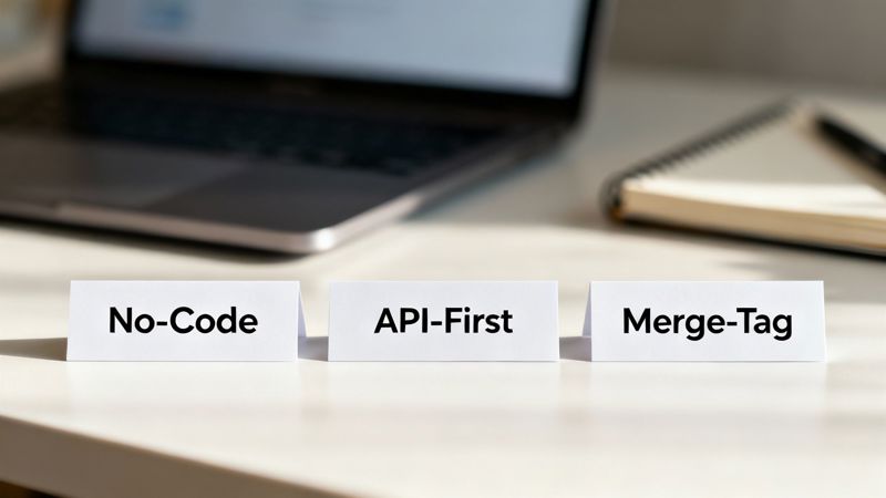 Three white cards on a desk display 'No-Code', 'API-First', and 'Merge-Tag' with a blurred laptop background.