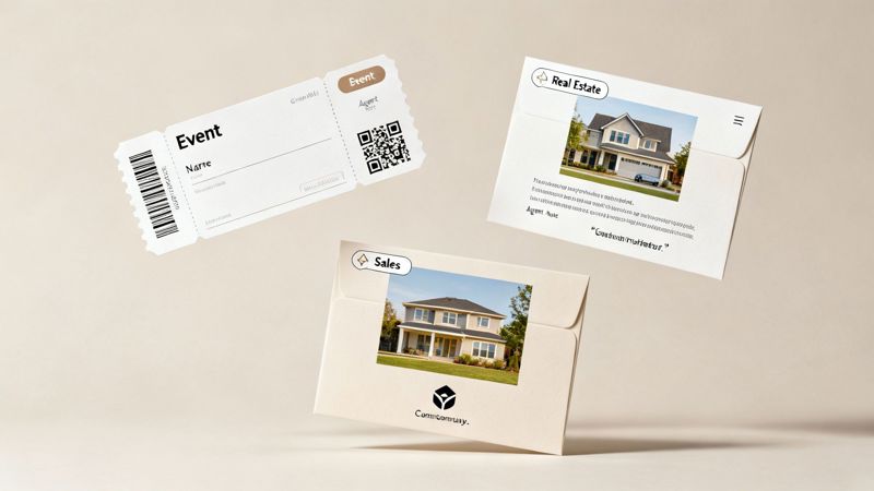 Three white paper items: an event ticket with a barcode and two open envelopes with real estate images.