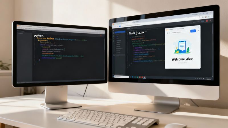 Two computer monitors display coding interfaces, one with Python and the other with Node.js, on a modern developer's desk.