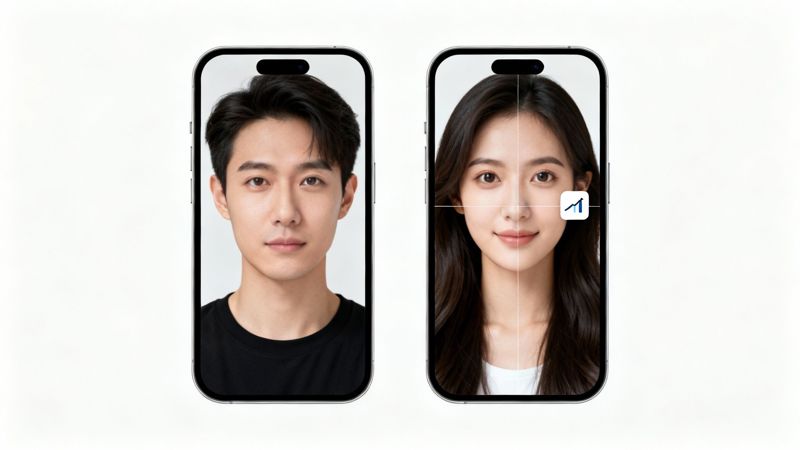 Two smartphones display cropped portraits of an Asian man and woman, highlighting image editing features.