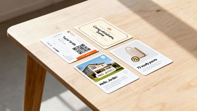 Various personalized marketing cards on a wooden surface, demonstrating dynamic content for emails.