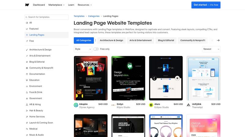 Webflow Templates Marketplace showing various landing page designs