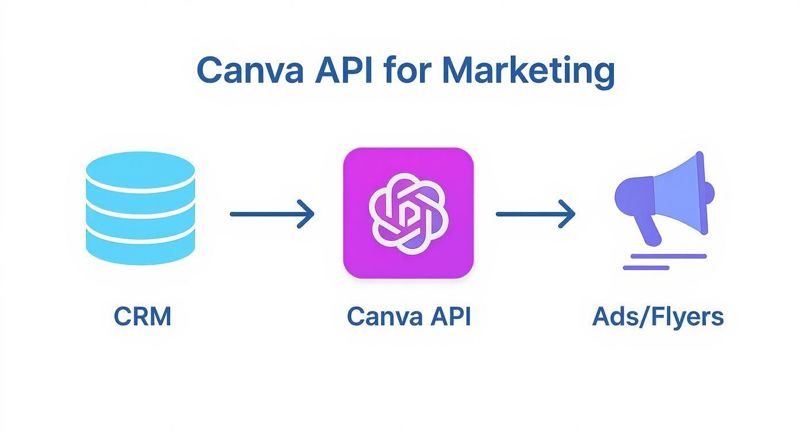 Workflow diagram showing CRM data flowing through Canva API to generate marketing ads and flyers